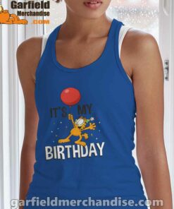 garfield its my birthday confetti celebration blue tank top with women