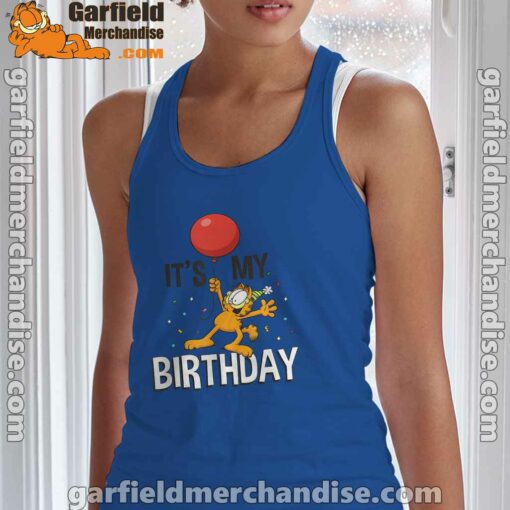 garfield its my birthday confetti celebration blue tank top with women