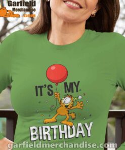 garfield its my birthday confetti celebration female green long sleeve women