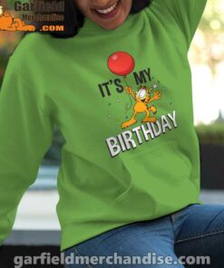 garfield its my birthday confetti celebration green women hoodie