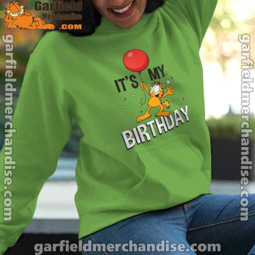 garfield its my birthday confetti celebration green women hoodie