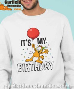 garfield its my birthday confetti celebration men with white sweatshirt