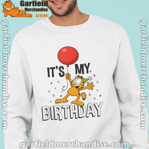 garfield its my birthday confetti celebration men with white sweatshirt