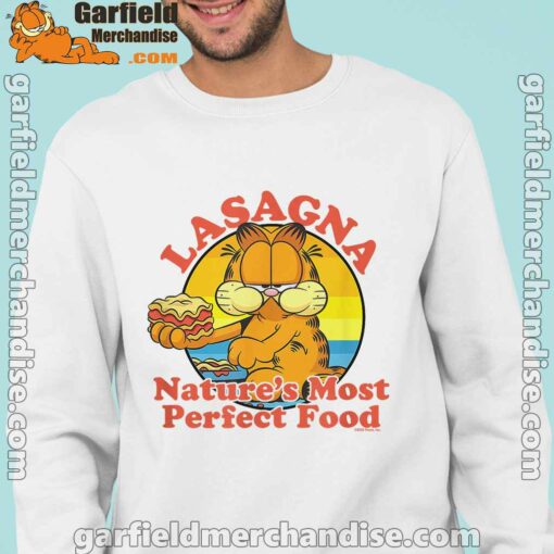 garfield lasagna natures most perfect food men with white sweatshirt