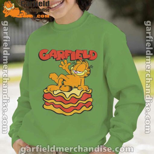 garfield lasagna slice pose green sweatshirt kids boy