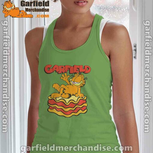 garfield lasagna slice pose green tank top women