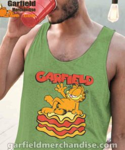 garfield lasagna slice pose men green tank tops