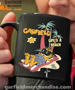 garfield lifes beach retro vintage tropical cat nap black coffee mug