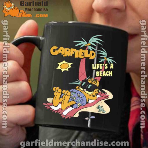 garfield lifes beach retro vintage tropical cat nap black coffee mug