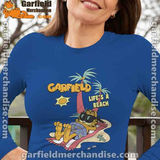 garfield lifes beach retro vintage tropical cat nap blue long sleeve with women