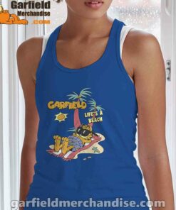 garfield lifes beach retro vintage tropical cat nap blue tank top with women