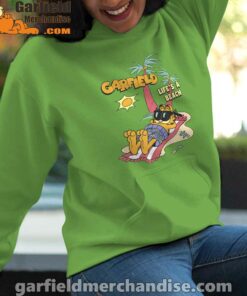 garfield lifes beach retro vintage tropical cat nap green women hoodie