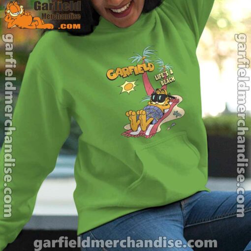 garfield lifes beach retro vintage tropical cat nap green women hoodie