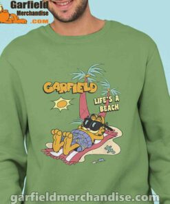 garfield lifes beach retro vintage tropical cat nap men green sweatshirts