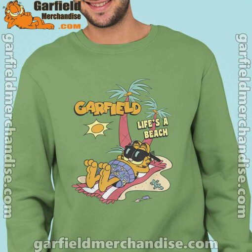 garfield lifes beach retro vintage tropical cat nap men green sweatshirts