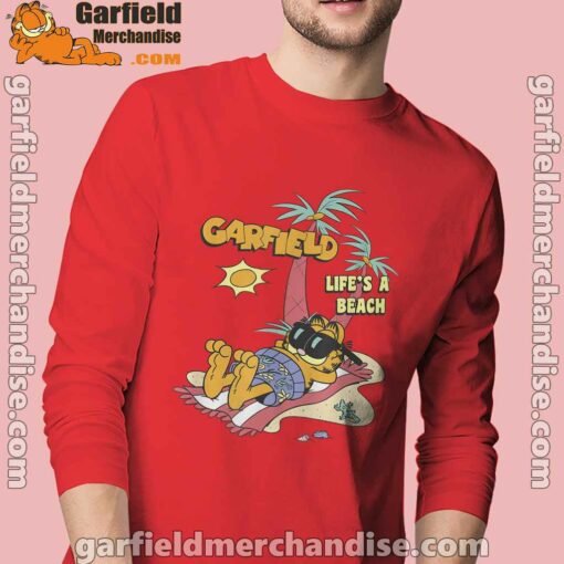 garfield lifes beach retro vintage tropical cat nap men with red long sleeve