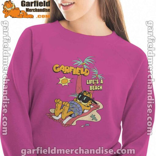 garfield lifes beach retro vintage tropical cat nap pink women sweatshirt