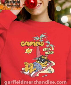 garfield lifes beach retro vintage tropical cat nap red kid girl sweatshirts