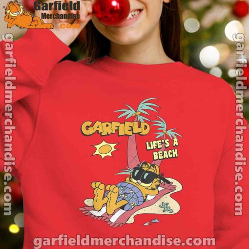 garfield lifes beach retro vintage tropical cat nap red kid girl sweatshirts