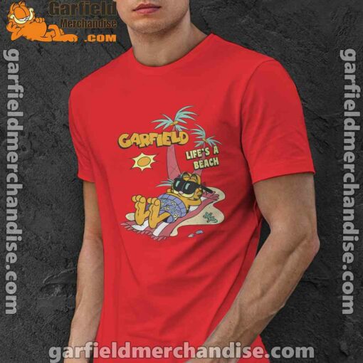 garfield lifes beach retro vintage tropical cat nap red men shirt