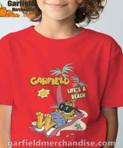 garfield lifes beach retro vintage tropical cat nap red t shirt for youth boy