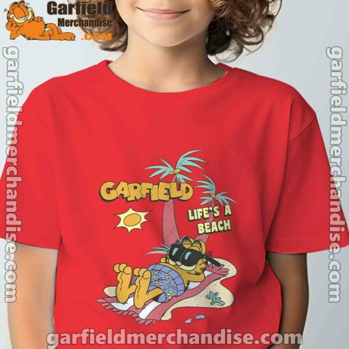 garfield lifes beach retro vintage tropical cat nap red t shirt for youth boy