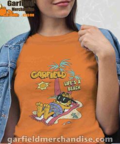 garfield lifes beach retro vintage tropical cat nap women orange t shirt