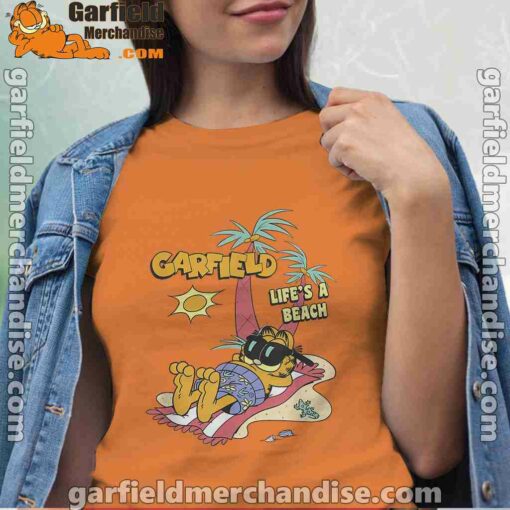 garfield lifes beach retro vintage tropical cat nap women orange t shirt