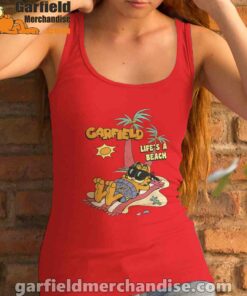 garfield lifes beach retro vintage tropical cat nap women tank top red female