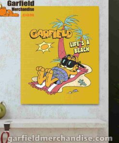 garfield lifes beach retro vintage tropical cat nap yellow canvas