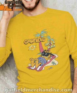 garfield lifes beach retro vintage tropical cat nap yellow long sleeve man