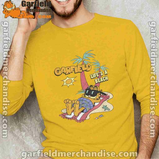 garfield lifes beach retro vintage tropical cat nap yellow long sleeve man