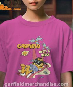 garfield lifes beach retro vintage tropical cat nap youth girl pink t shirt