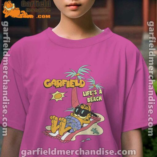 garfield lifes beach retro vintage tropical cat nap youth girl pink t shirt