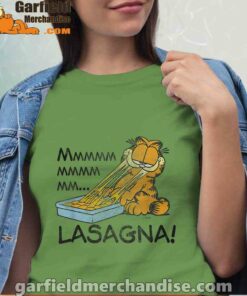 garfield mmm lasagna is life green t shirt for women