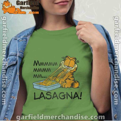 garfield mmm lasagna is life green t shirt for women