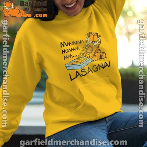 garfield mmm lasagna is life yellow hoodie for women