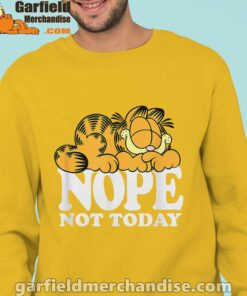 garfield nope not today lazy cat man with yellow sweatshirs