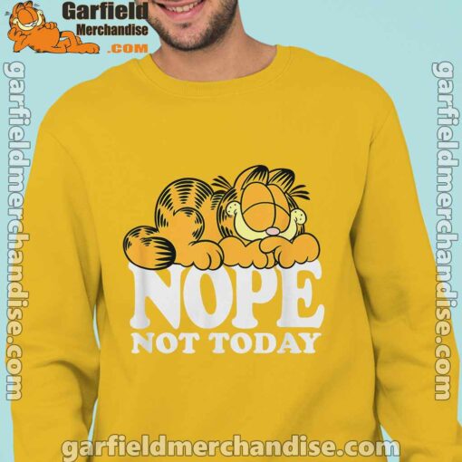 garfield nope not today lazy cat man with yellow sweatshirs