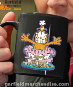 happy birthday garfield cat in town black coffee mug