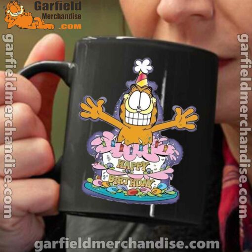 happy birthday garfield cat in town black coffee mug