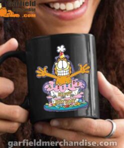 happy birthday garfield cat in town black mug