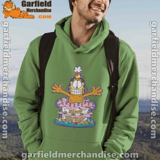 happy birthday garfield cat in town green men hoodie