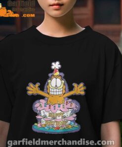 happy birthday garfield cat in town kids girl black t shirt