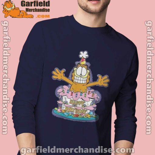 happy birthday garfield cat in town men navy long sleeve