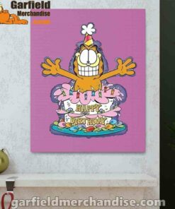 happy birthday garfield cat in town pink canvas