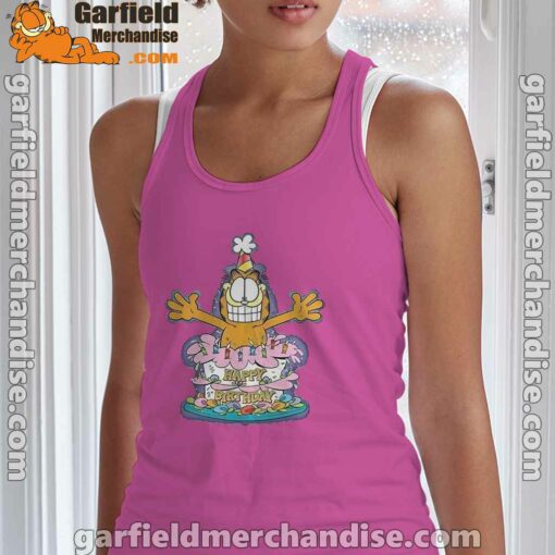 happy birthday garfield cat in town pink tank top women