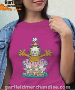 happy birthday garfield cat in town pink women shirt