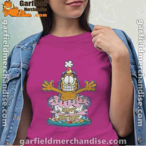 happy birthday garfield cat in town pink women shirt