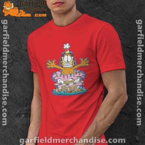 happy birthday garfield cat in town red men shirt